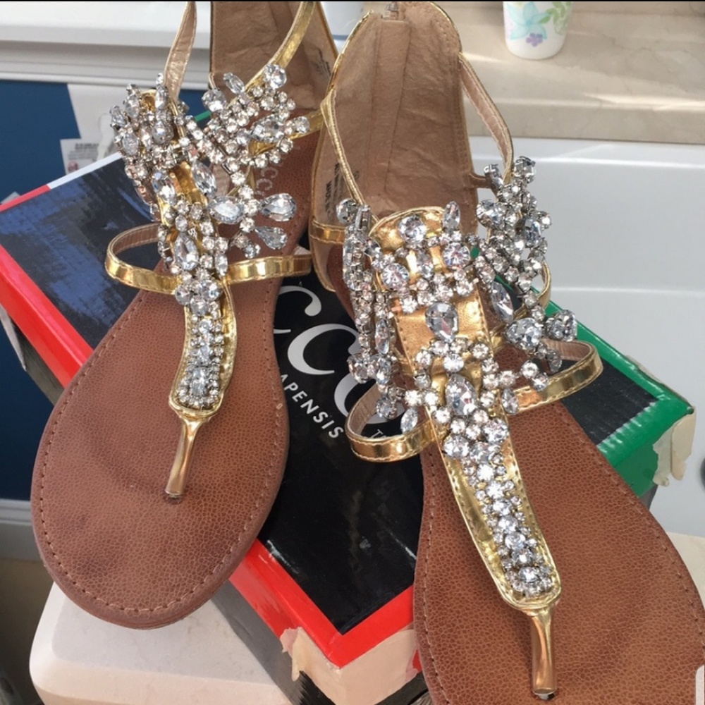 Rhinestone and gold thong sandals
